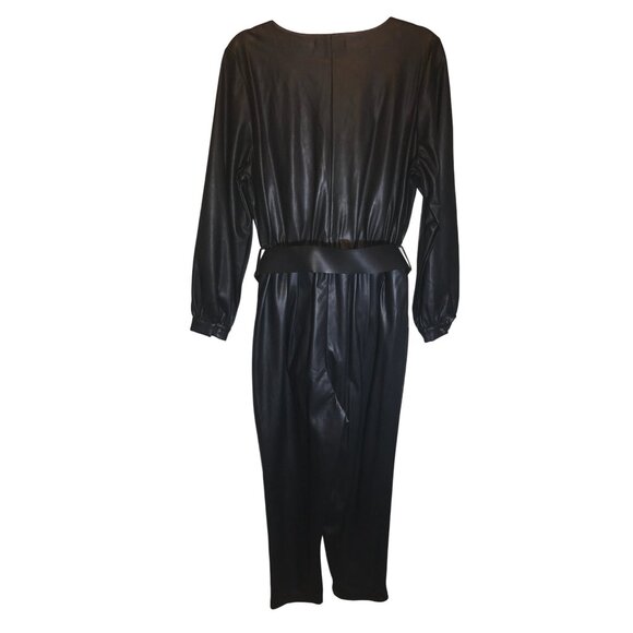 Eloquii Women's Black Plus Size Faux Leather Belted V Neck  Goth Glam Jumpsuit - Picture 3 of 10